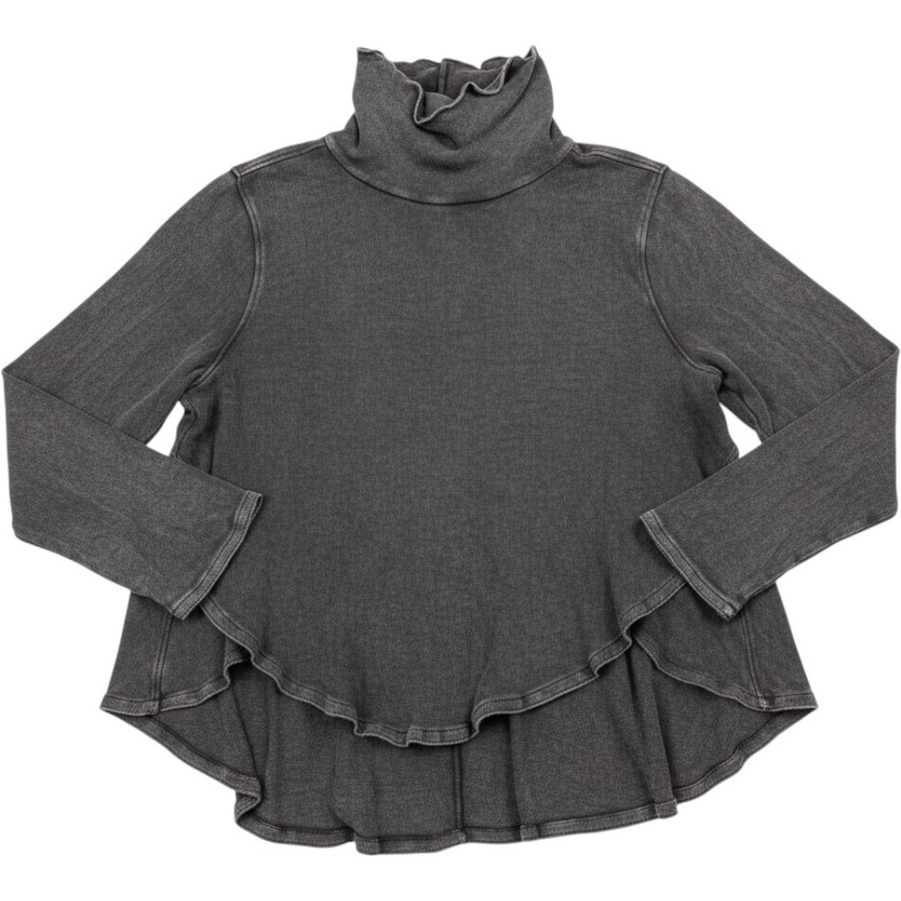 Free People New Romantics Gray Acid Wash Ruffle Hem Turtleneck Top Small Boho